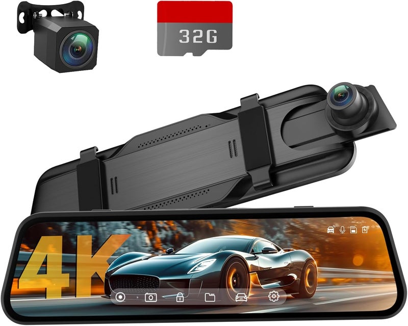 Veement 4K Rear View Mirror Camera, 10'' 4K Mirror Dash Cam with 1080P Backup Camera, Dash Cam Front and Rear for Car with Voice Control, 24H Parking Mode, Night Vision, 32GB SD Card Included - Image 1